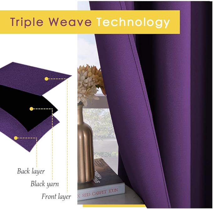 NICETOWN Bedroom Curtains Blackout Drapery Panels, 2 Panels, 70 x 108 inches, Royal Purple, Three Pass Microfiber Thermal Insulated Solid Ring Top Blackout Window Curtains/Drapes