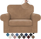 WEERRW Velvet Stretch Chair Sofa Slipcover - 2 Pieces Luxury Soft Velvet Plush Couch Cover Furniture Protector with Elastic Bottom for Pets, Machine Washable, Camel, Small