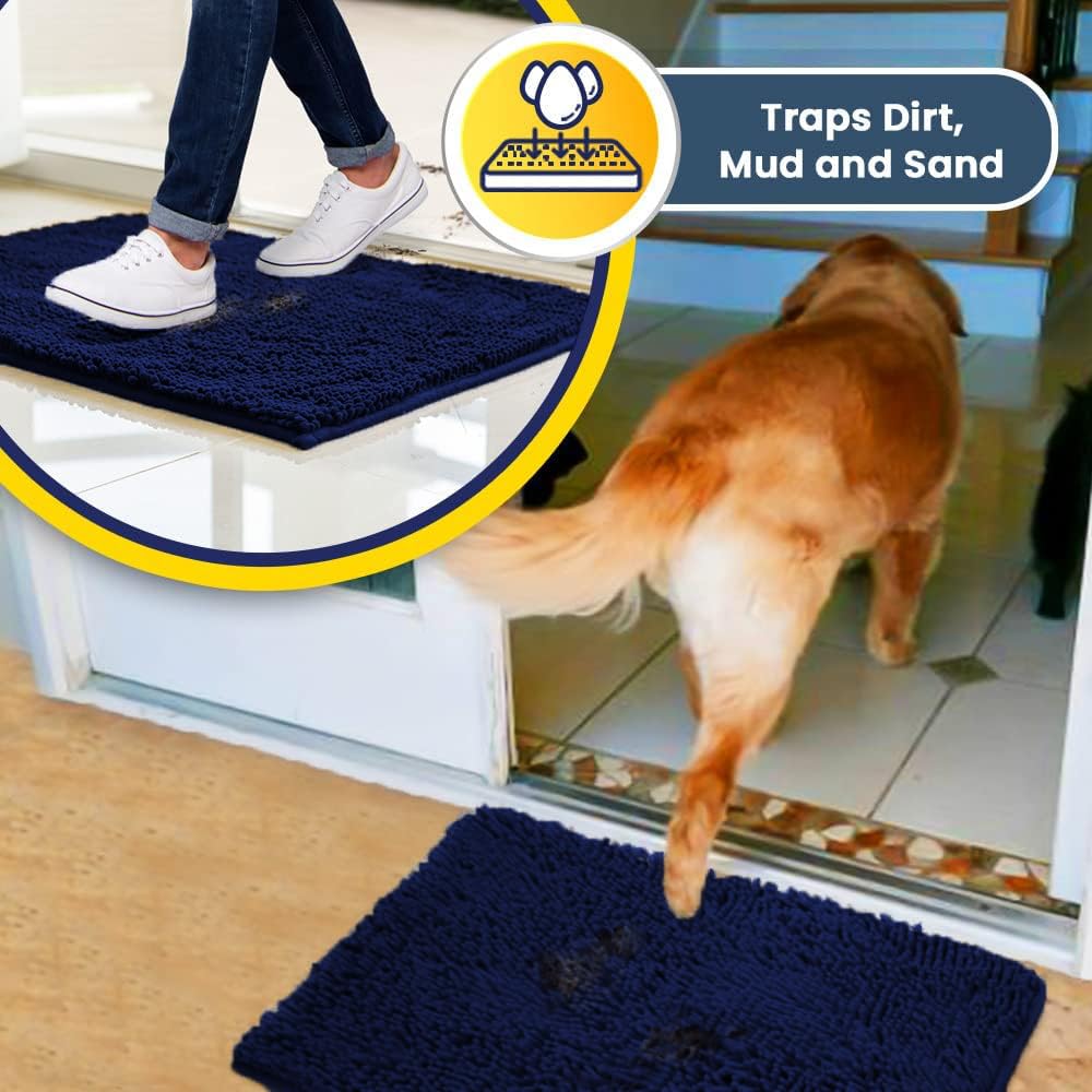 Muddy Mat® | Super Water Absorbent Door Mat Indoor, Microfiber Quick Dry Chenille Entryway Rug, Slip Resistant Front Door Mat, Indoor Mats for Entryway, Machine Washable Pet Rug, Navy Blue 24"x72"