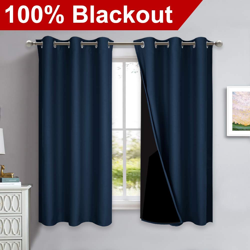 NICETOWN 100% Blackout Short Curtain Panels, Thermal Insulated Black Liner Curtains for Nursery Room, Noise Reducing and Cold Blocking Drapes for Windows (Set of 2, Navy Blue, 37" Wide by 63" Long)
