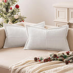 MIULEE Decorative Lumbar Throw Pillow Covers for Couch Bed Livingroom 12x20 Inch Set of 2 White Boho Accent Throw Pllows Broadside Striped Patchwork Soft Corduroy Pillowcases
