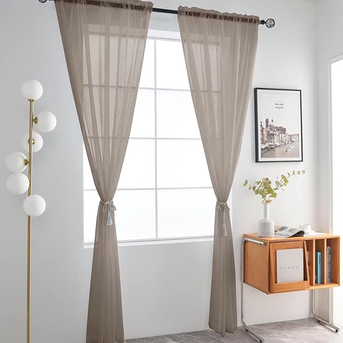 SpaceDresser Basic Rod Pocket Sheer Voile Window Curtain Panels Taupe 1 Pair 2 Panels 52 Width 84 Inch Long for Kitchen Bedroom Children Living Room Yard（Taupe, 52W x 84L）
