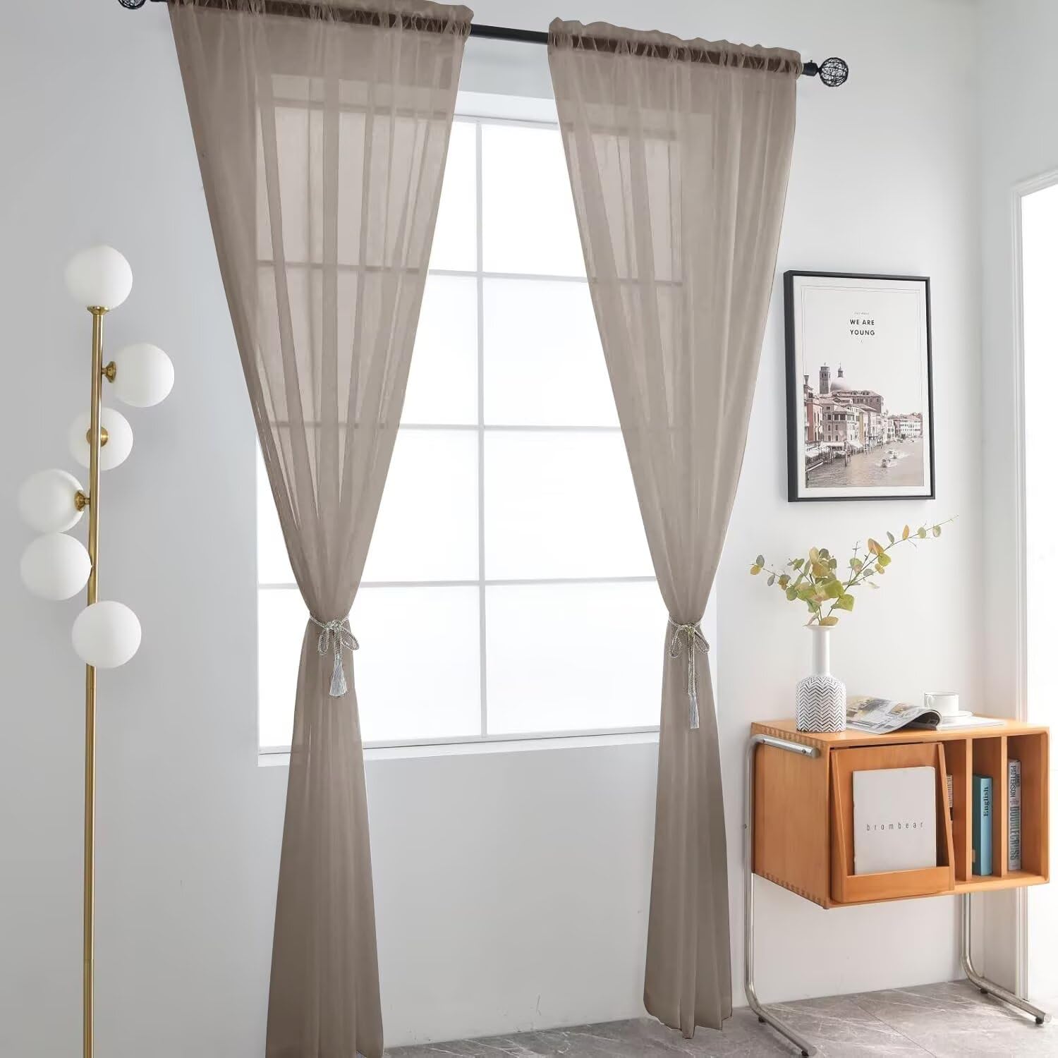 SpaceDresser Basic Rod Pocket Sheer Voile Window Curtain Panels Taupe 1 Pair 2 Panels 52 Width 72 Inch Long for Kitchen Bedroom Children Living Room Yard（Taupe, 52W x 72L）