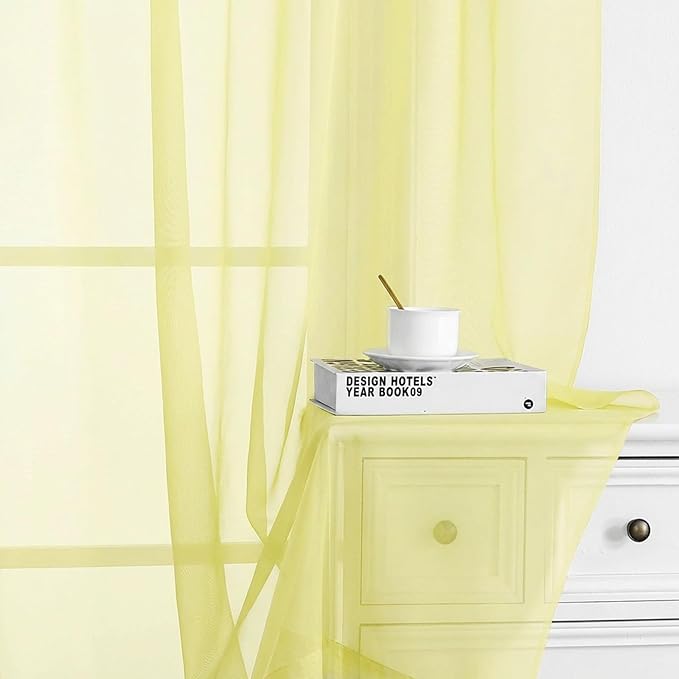 Chyhomenyc Sheer Curtains 96 inches Long 2 Panels - Light Filtering Soft Airy Solid Elegant Voile Window Treatment Drapes for Bedroom Living Room, 42Wx96L, 8FT, Light Yellow