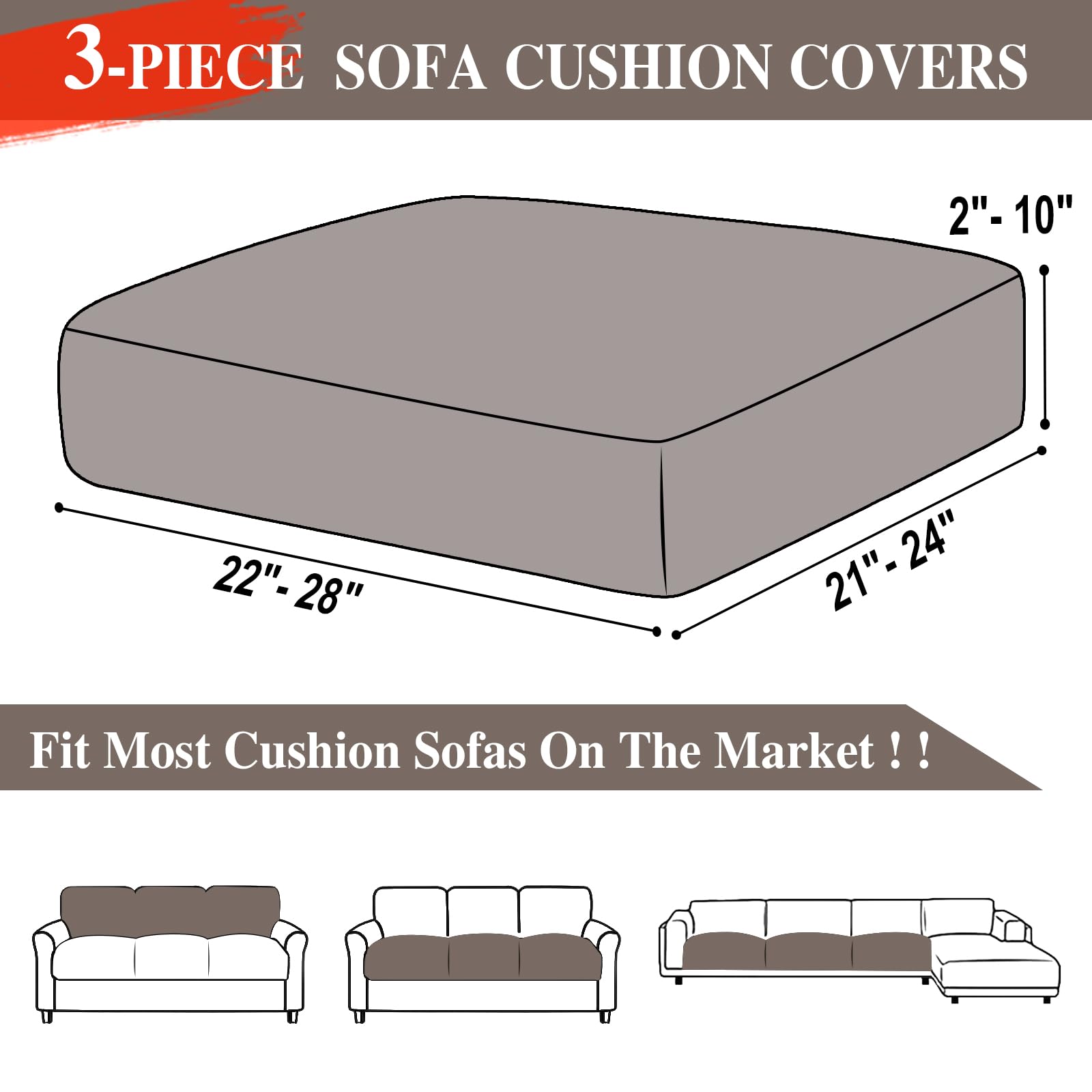 LA MEACK Couch Cushion Covers Seat Cushion Cover Stretch Couch Cover Separate Sectional Sofa Slipcovers Furniture Protector(3 Pieces for Seat or Sofa Backrest, Taupe)