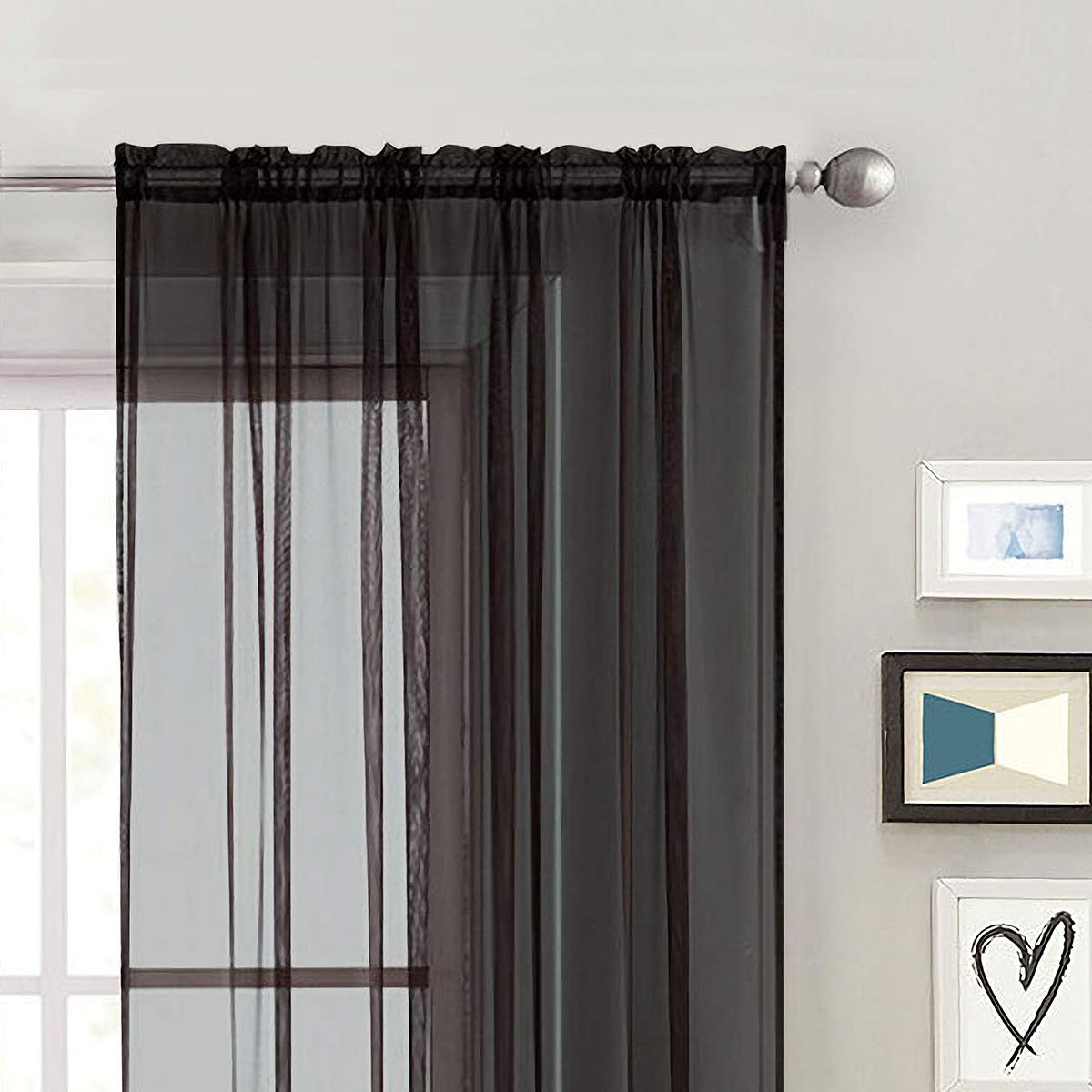 SpaceDresser Sheer Voile Window Treatment Rod Pocket Curtain Panels for Kitchen Bedroom Living Room Drapes Sunlight Filtering Privacy Semi Home Decor Assorted (Black, 52 W x 96 L)