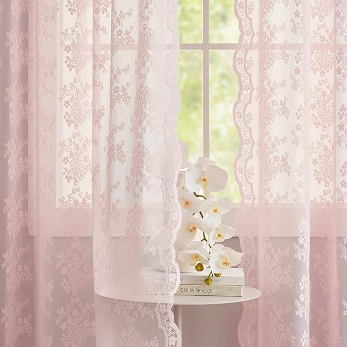 YJ YANJUN Vintage Lace Curtains 90 Inches Long-Victorian Floral Pattern Light Pink Sheer Curtain Panels for Baby Girls Room Feminine Flowy Cute Girly Classroom Princess Decor 2 Panels 52W x 90L