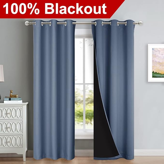 NICETOWN 100% Blackout Curtains Thermal, Stone Blue, 1 Pair, W37 x L80, Noise Reduction and Privacy Curtains for Patio Door, Black Lined Blackout Drapes with Grommet Top