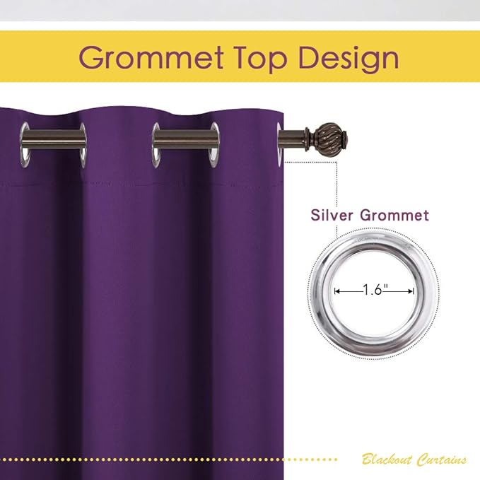 NICETOWN Blackout Window Curtains 80 inch Long, 2 Panels, 34 inch, Royal Purple, Grommet Top Room Darkening Thermal Insulated Solid Vertical Drapes for Bedroom/Kid Room