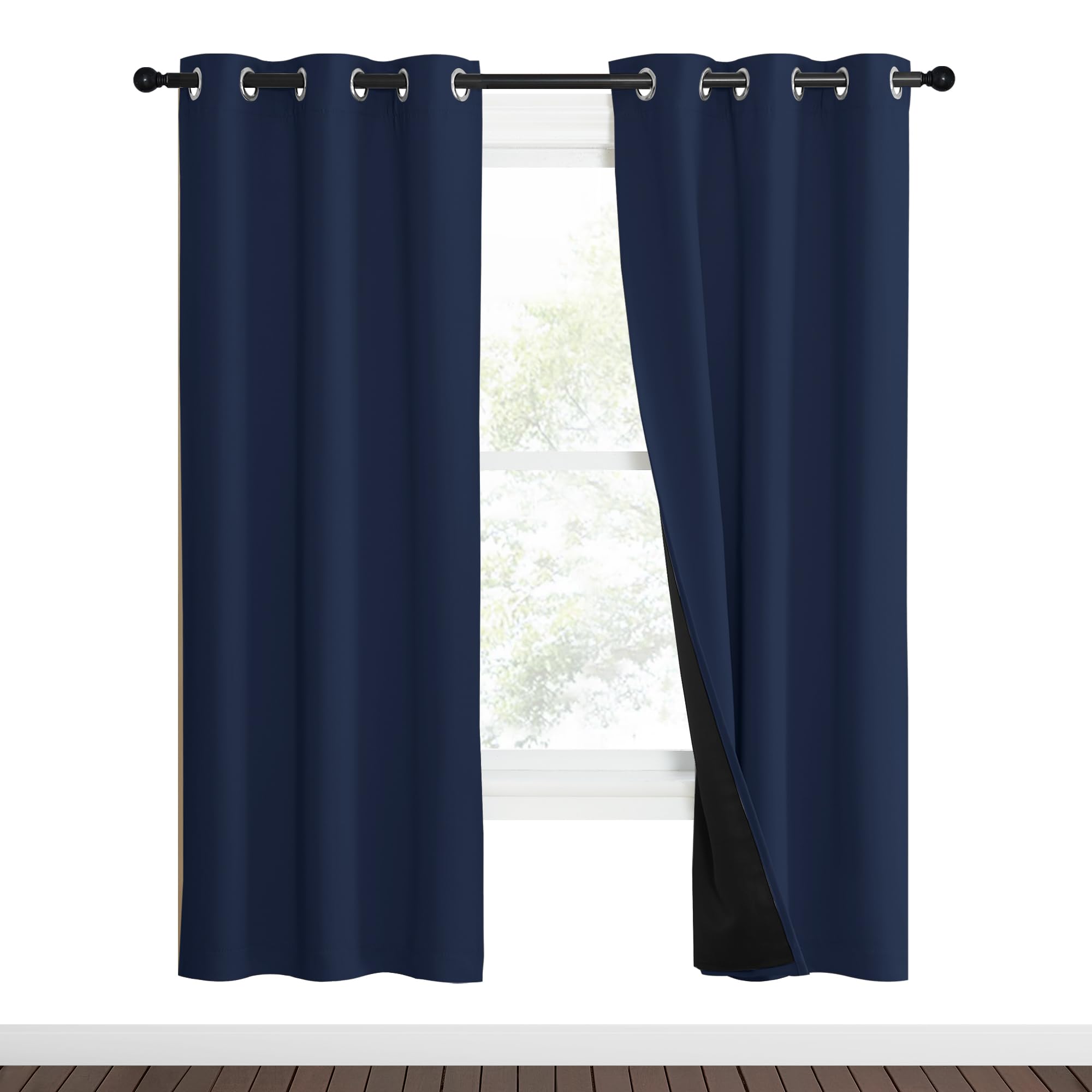 NICETOWN 100% Blackout Curtain Set, Thermal Insulated & Energy Efficiency Window Draperies for Guest Room, Full Shading Panels for Shift Worker and Light Sleepers, Navy Blue, 37W x 70L, 2 PCs