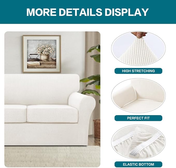 Turquoize 4 Piece Sofa Covers for 3 Cushion Couch Sofa Slipcover Soft Couch Cover for Dogs-Washable Sofa Furniture Covers with 3 Individual Large Cushion Covers (XL Sofa, Porcelain)