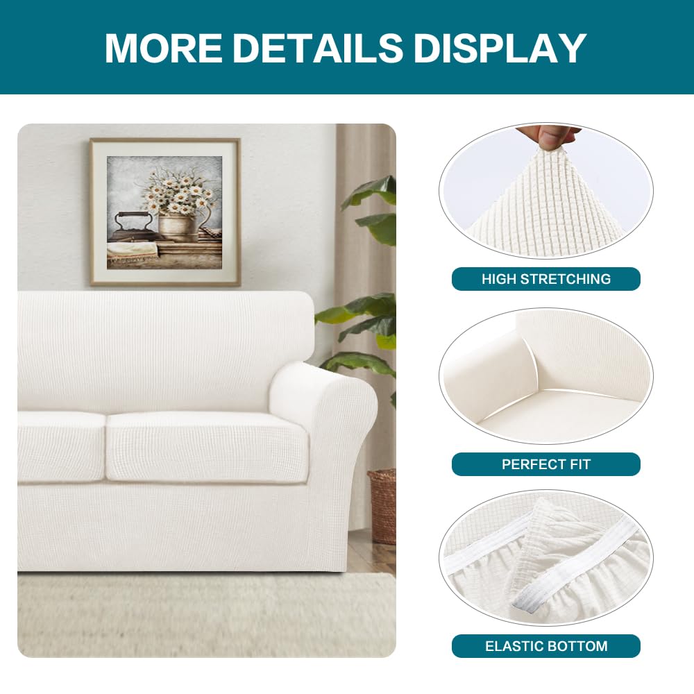 Turquoize 3 Piece Sofa Covers for 2 Cushion Couch Sofa Slipcover Soft Couch Cover for Dogs-Washable Sofa Furniture Cover with 2 Individual Cushion Covers, Jacquard Fabric (Loveseat, Porcelain White)
