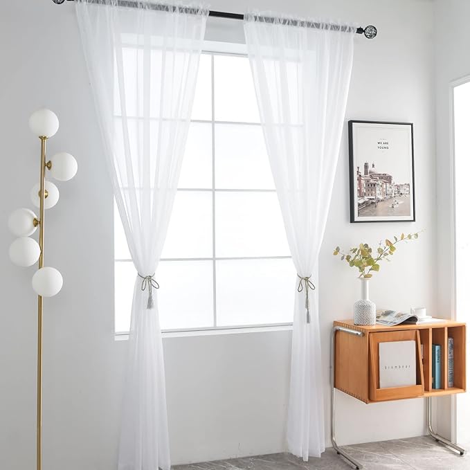 SpaceDresser Basic Rod Pocket Sheer Voile Window Curtain Liners White 2 Panels 52 Width 54 Inch Long for Kitchen Bedroom Children Living Room Yard(White,52 W x 54 L)