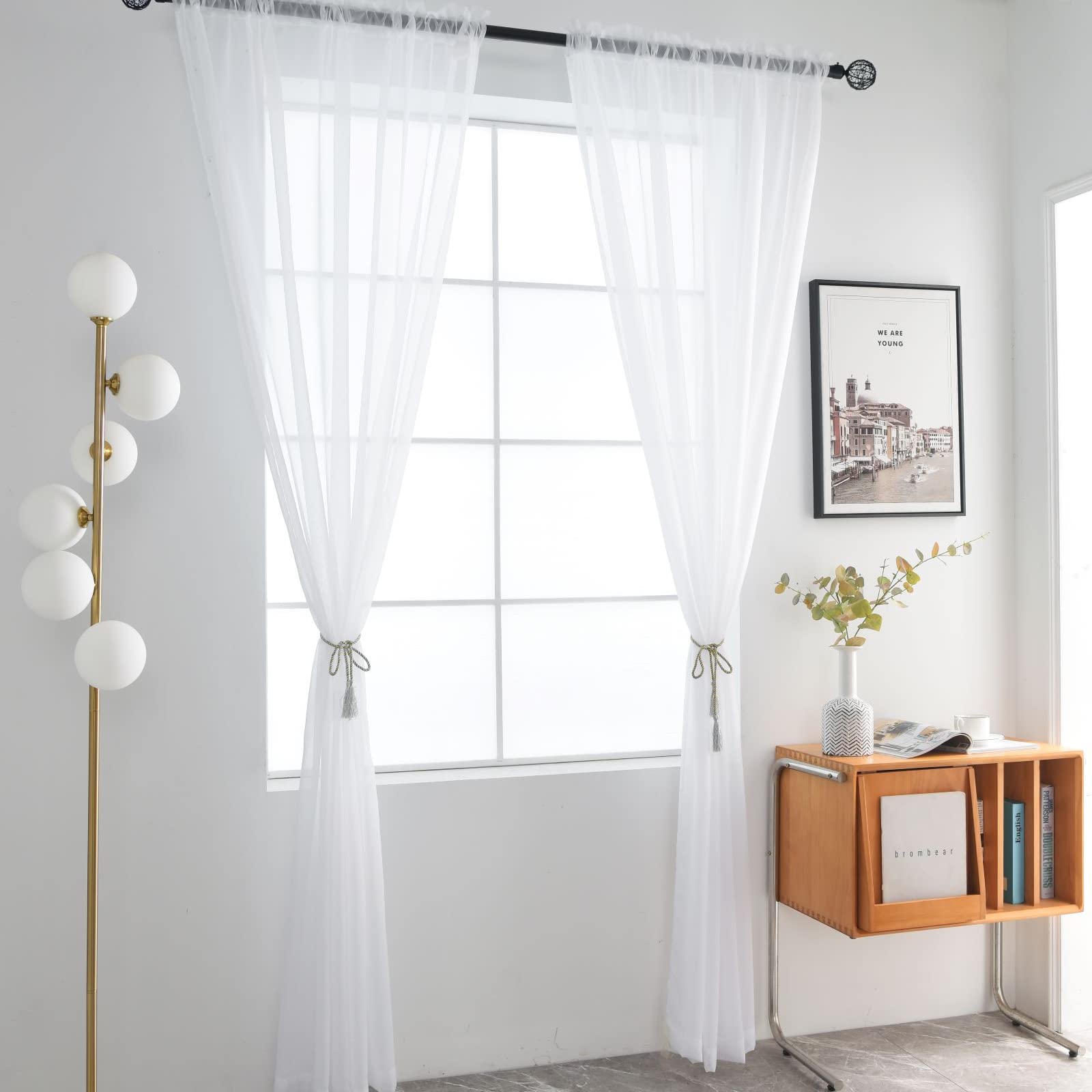 SpaceDresser Basic Rod Pocket Sheer Voile Window Curtain Panels White 1 Pair 2 Panels 60 Width 108 Inch Long for Kitchen Bedroom Children Living Room Yard（White，60Wx 108L）