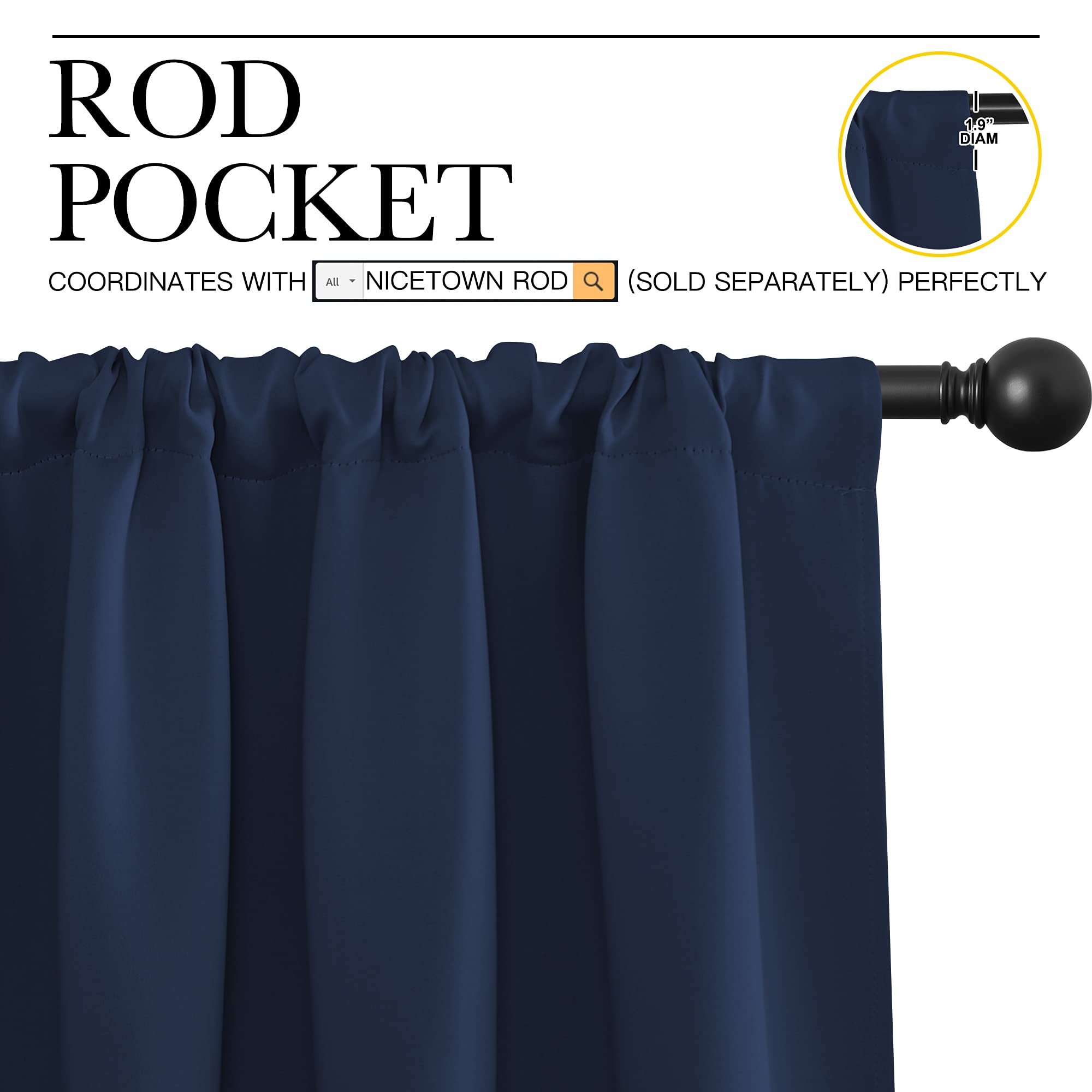 NICETOWN RV Blackout Curtains for Camper Windows, Kitchen Curtains, Short Blackout Drapes, Thermal Insulated Rod Pocket Window Treatment Draperies for Nursery (Navy, 42" x 36", Set of 2)