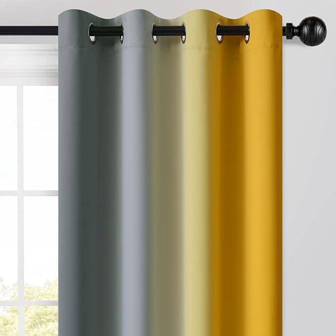 Yakamok Ombre Yellow and Grey Curtains for Bedroom, Gradient Room Darkening Curtains 84 inches long,Grommet Thermal Insulated Light Blocking Window Drapes/Curtain for Living Room,52 x 84 Inch,2 Panels