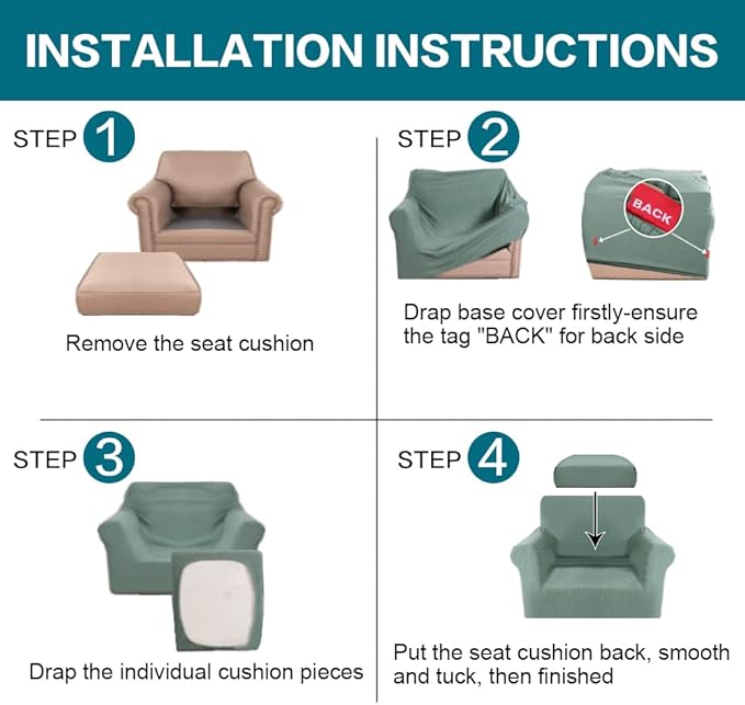 Turquoize 2 Piece Chair Covers Chair Slipcovers for Living Room Armchair Couch Cover Chair Sofa Cover with Individual Cushion Covers Furniture Cover for Chairs Feature Thick Fabric (Chair, Dark Cyan)