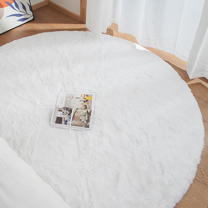 ORINOVA White Faux Rabbit Washable Fur Area Rugs Circle Rugs for Living Room Bedroom Teen Room Fluffy Area Rug 3ft Round Rug