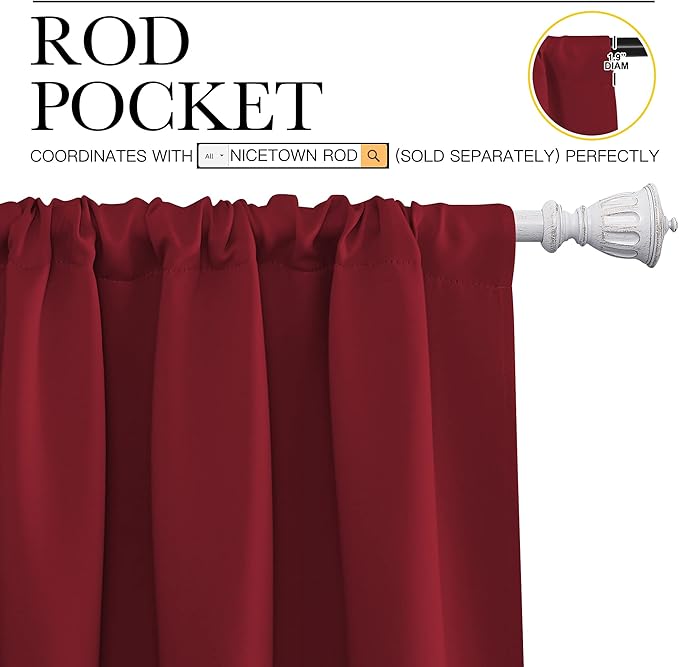 NICETOWN Christmas Burgundy Curtains Blackout Drape Panels - Lights Block Out Window Treatment Short Curtain Sets for Loft and Basement Decoration (Set of 2, 34 by 72-Inch)