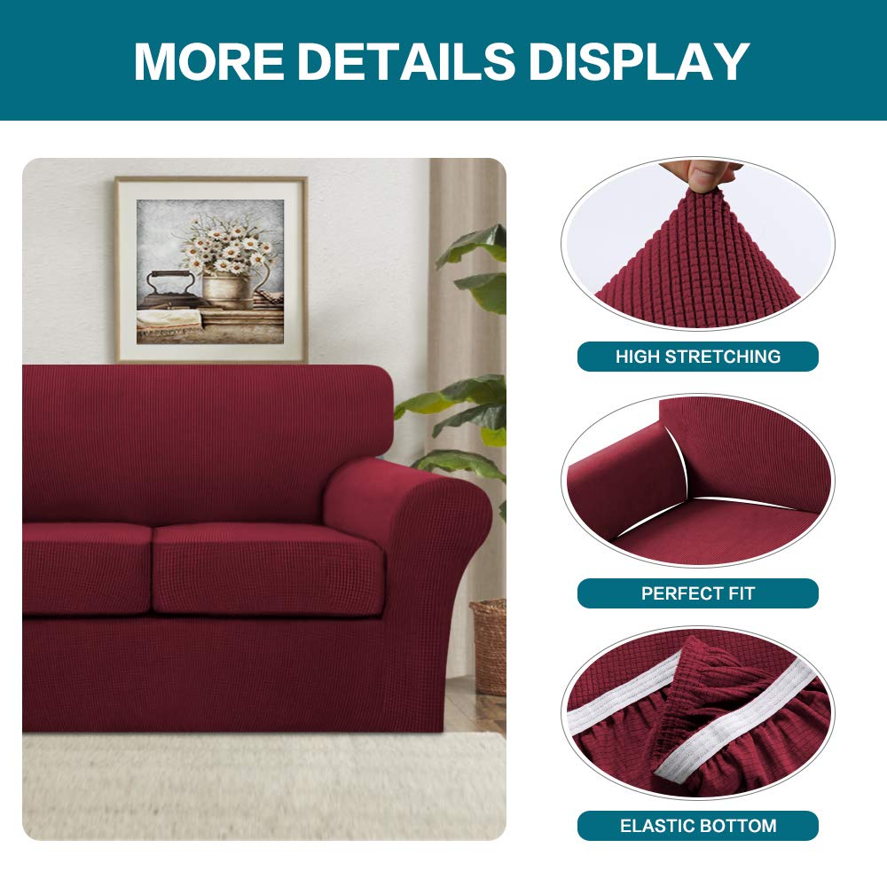 Turquoize 4 Piece Sofa Covers for 3 Cushion Couch Sofa Slipcover Soft Couch Cover for Dogs-Washable Sofa Furniture Covers with 3 Individual Cushion Covers,Jacquard Fabric(3 Cushion Sofa, Burgundy)