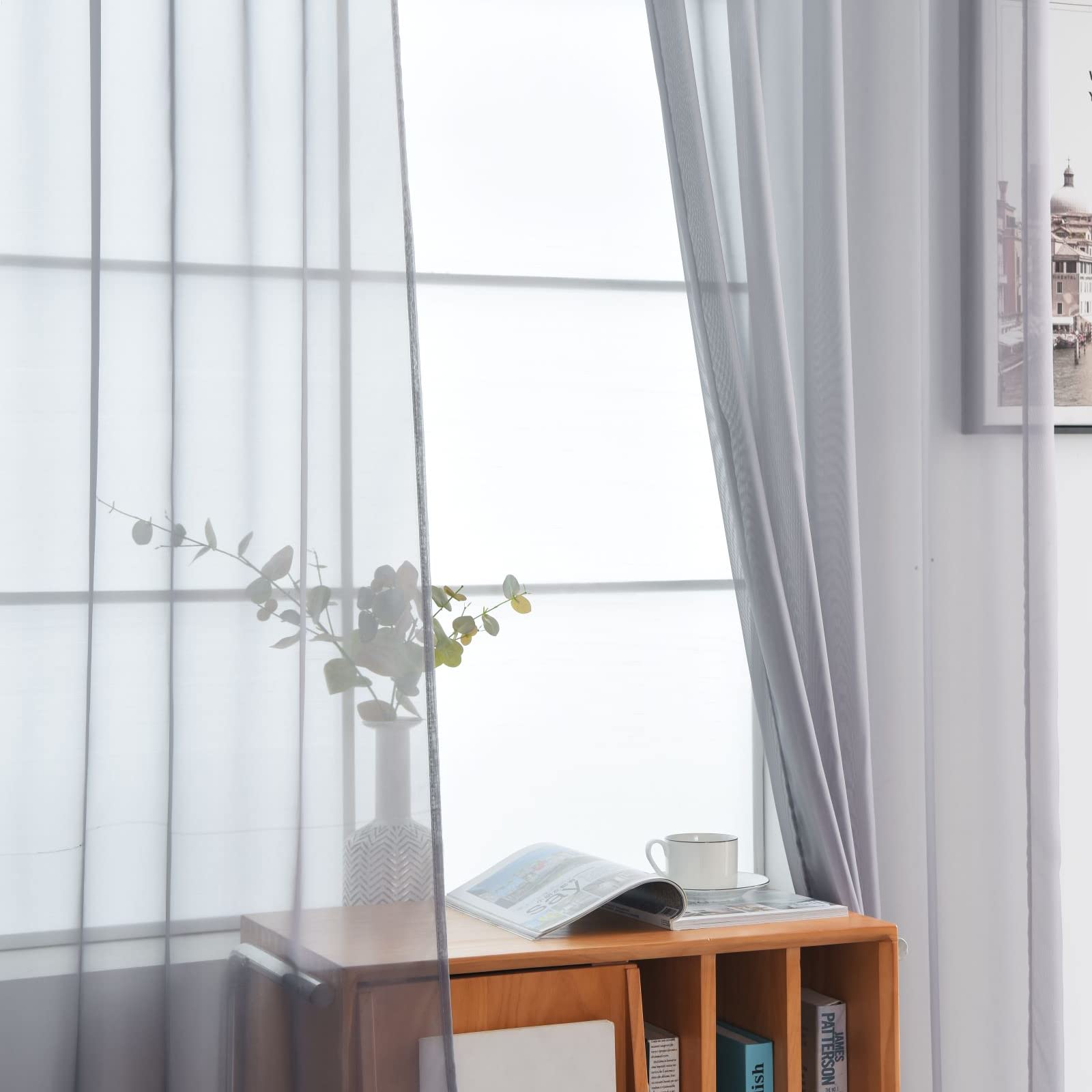 SpaceDresser Sheer Voile Window Treatment Rod Pocket Curtain Panels for Kitchen Bedroom Living Room Drapes Sunlight Filtering Privacy Semi Home Decor Assorted Colors Sizes (Grey, 52 W x 90 L)