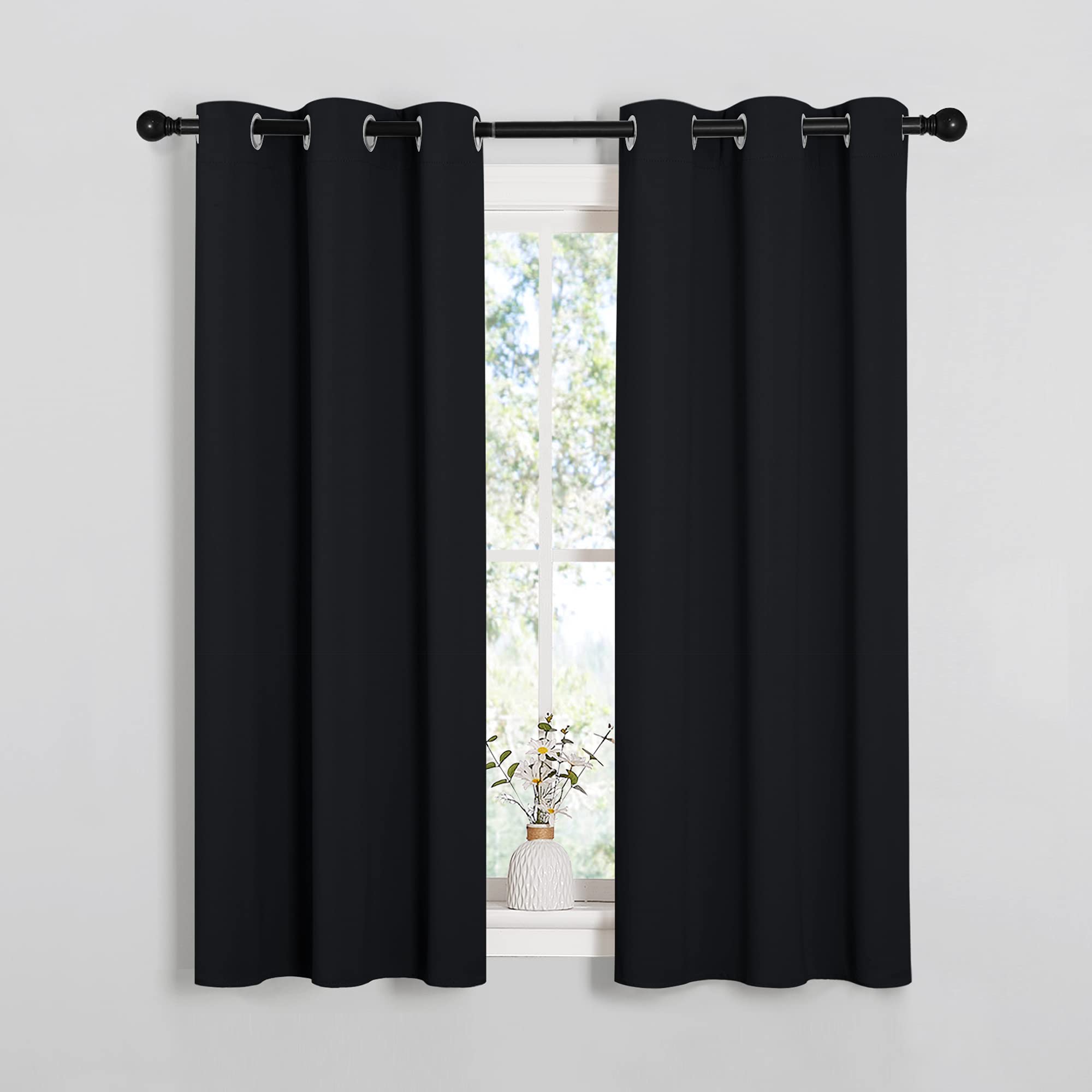 NICETOWN Blackout Draperies Window Curtain Panels, Autumn/Winter Thermal Insulated Solid Grommet Blackout Curtains/Drapes for Cafe (Set of 2, 34 inches by 54 inches, Black)