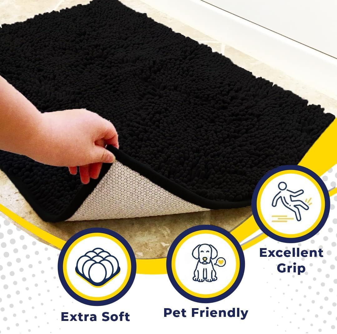 Muddy Mat® | Super Water Absorbent Door Mat Indoor, Microfiber Quick Dry Chenille Entryway Rug, Slip Resistant Front Door Mat, Indoor Mats for Entryway, Machine Washable Pet Rug, Black 24"x120"