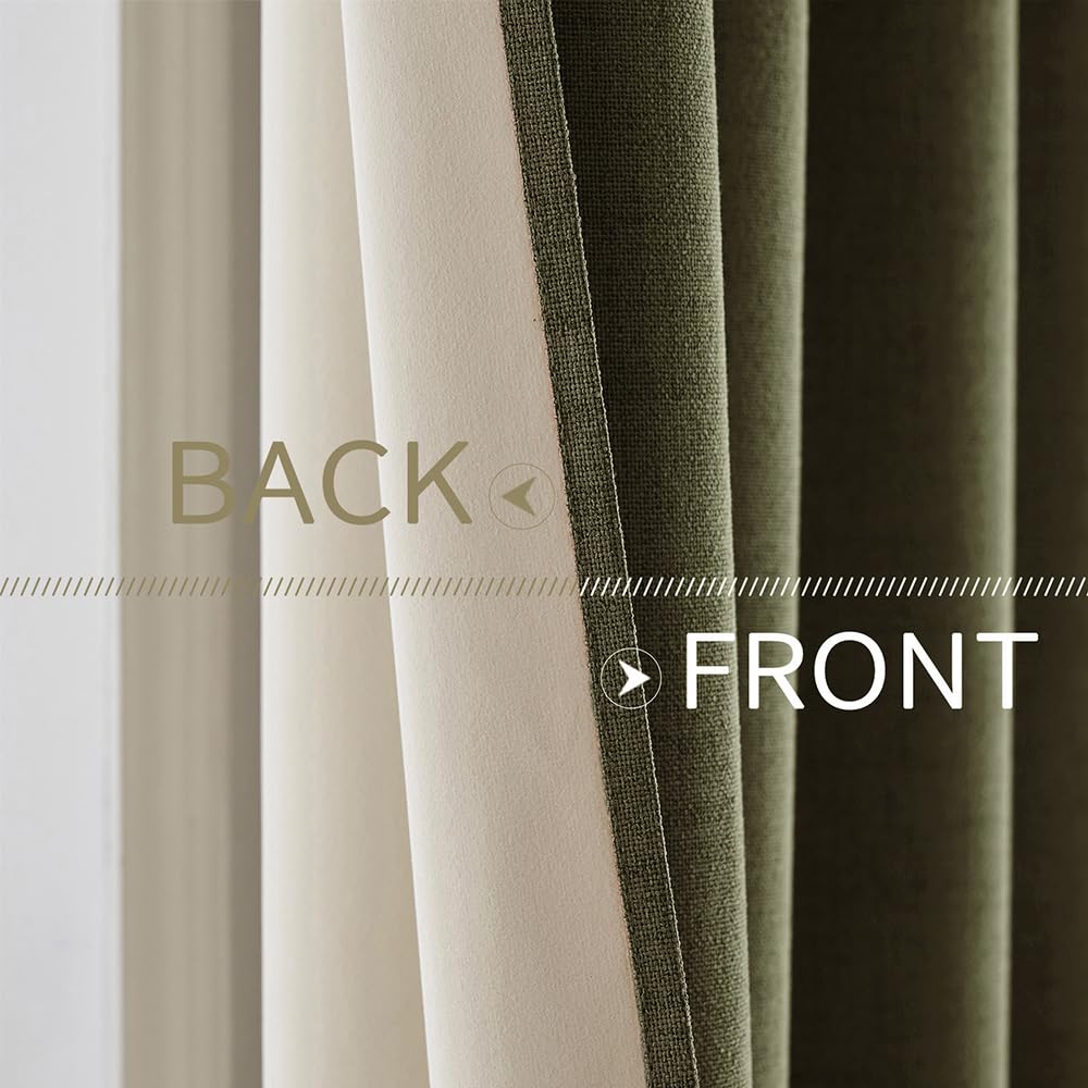 MIULEE 100% Blackout Linen Curtains for Bedroom 52x96 Light Olive Green