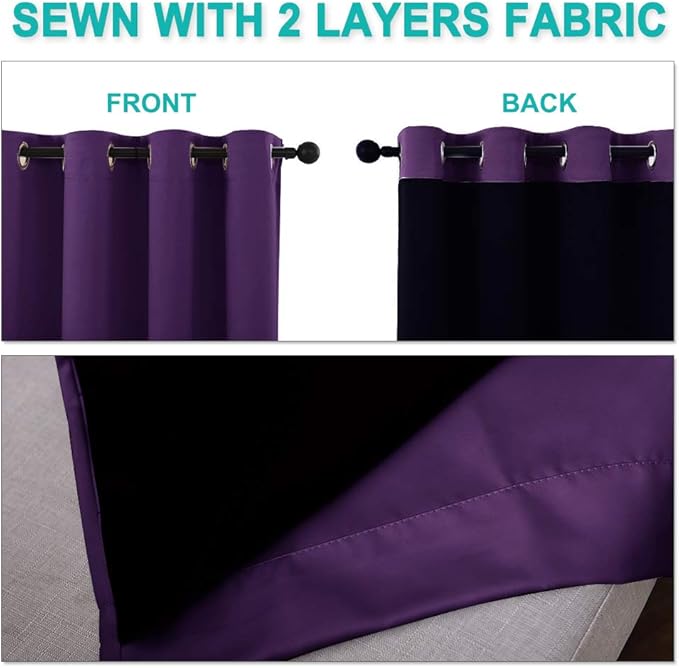 NICETOWN 100% Blackout Room Warming Curtains 45 inches Long, Royal Purple, 2 Panels, 42-inch W, Thermal Insulated Full Blackout 2-Layer Lined Curtains, Energy Efficiency Window Drapes for Dining Room