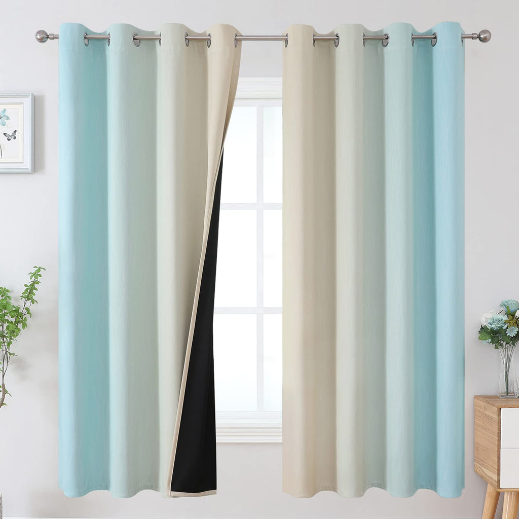 Estelar Textiler Aqua and Beige Ombre Blackout Curtains for Bedroom 63 Inch