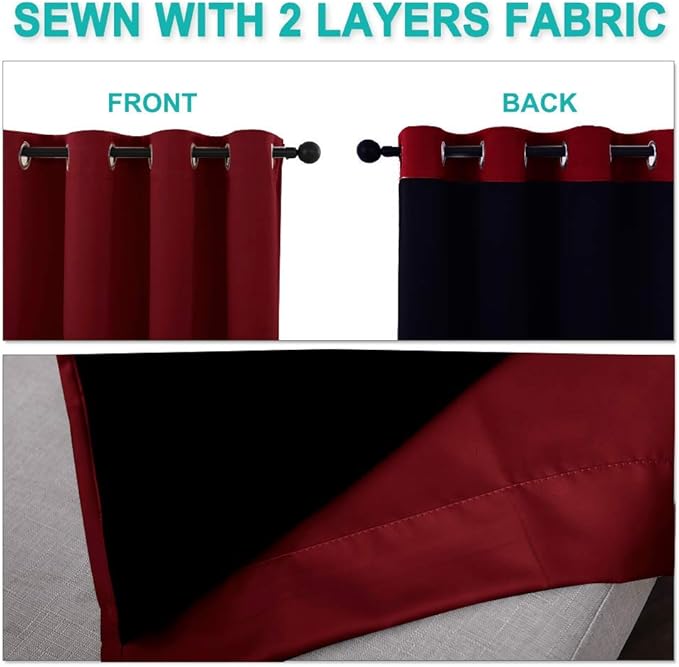 NICETOWN 100% Blackout Curtains with Black Liner Backing, Thermal Insulated Curtains for Living Room, Noise Reducing Drapes for Christmas, Burgundy Red, 37" x 60" Per Panel, Set of 2