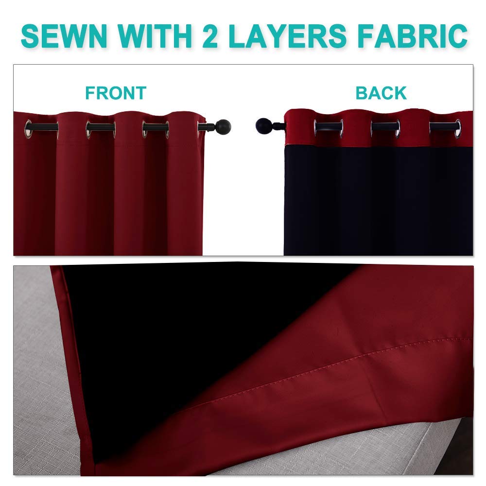 NICETOWN 100% Blackout Curtains with Black Liner Backing, Thermal Insulated Curtains for Living Room, Noise Reducing Drapes for Christmas, Burgundy Red, 52" x 120" Per Panel, Set of 2