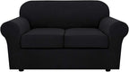 H.VERSAILTEX 3 Piece Stretch Sofa Covers for 2 Cushion Loveseat Couch Covers for Living Room Furniture Cover (Base Cover Plus 2 Seat Cushion Covers) Thicker Jacquard Fabric(Medium Sofa, Black)