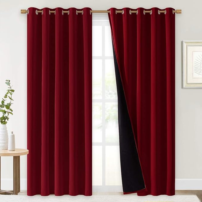 NICETOWN 100% Blackout Curtains with Black Liner Backing, Thermal Insulated Curtains for Living Room, Noise Reducing Drapes for Christmas, Burgundy Red, 70 inches x 84 inches Per Panel, Set of 2