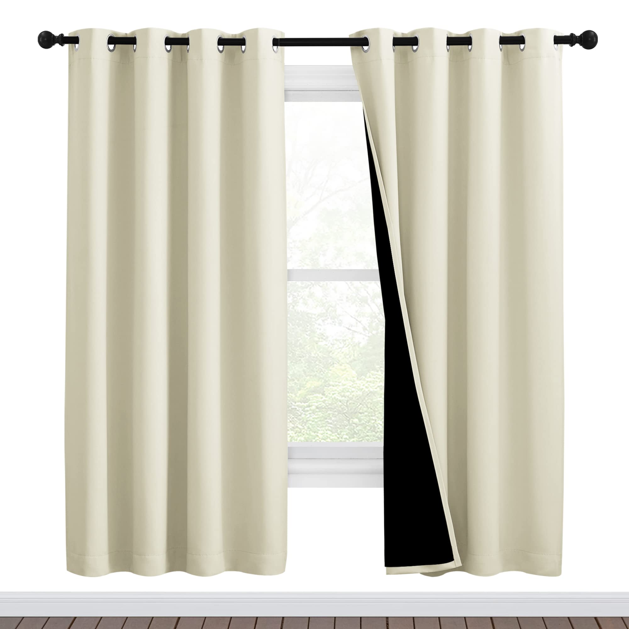 NICETOWN Living Room Completely Shaded Draperies, Privacy Protection & Noise Reducing Ring Top Drapes, Black Lined Insulated Window Treatment Curtain Panels (Beige, 2 Pieces, W46 x L72)