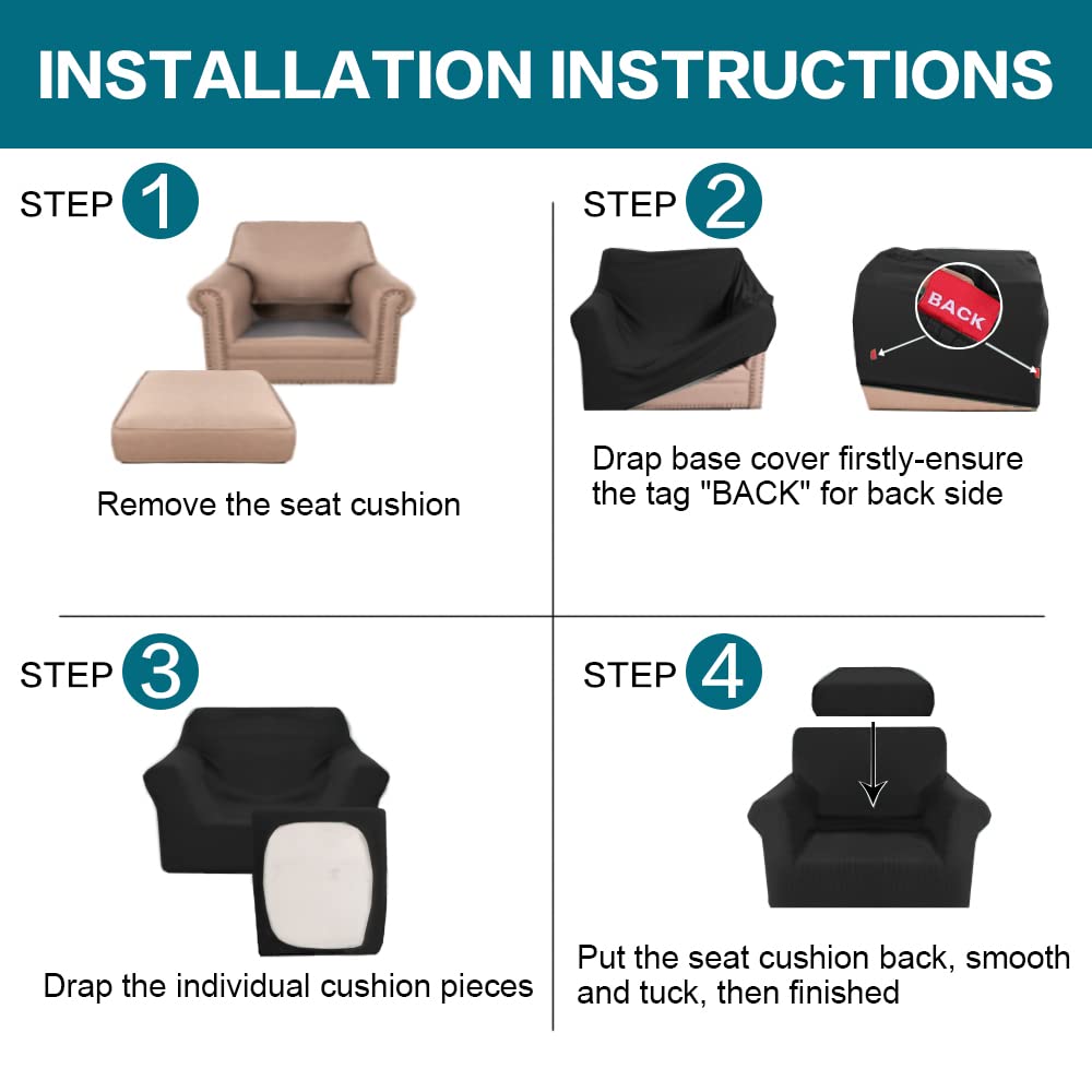 Turquoize 2 Piece Chair Covers Chair Slipcovers for Living Room Armchair Couch Cover Chair Sofa Cover with Individual Cushion Covers Furniture Cover for Chairs Feature Jacquard Fabric (Chair, Black)