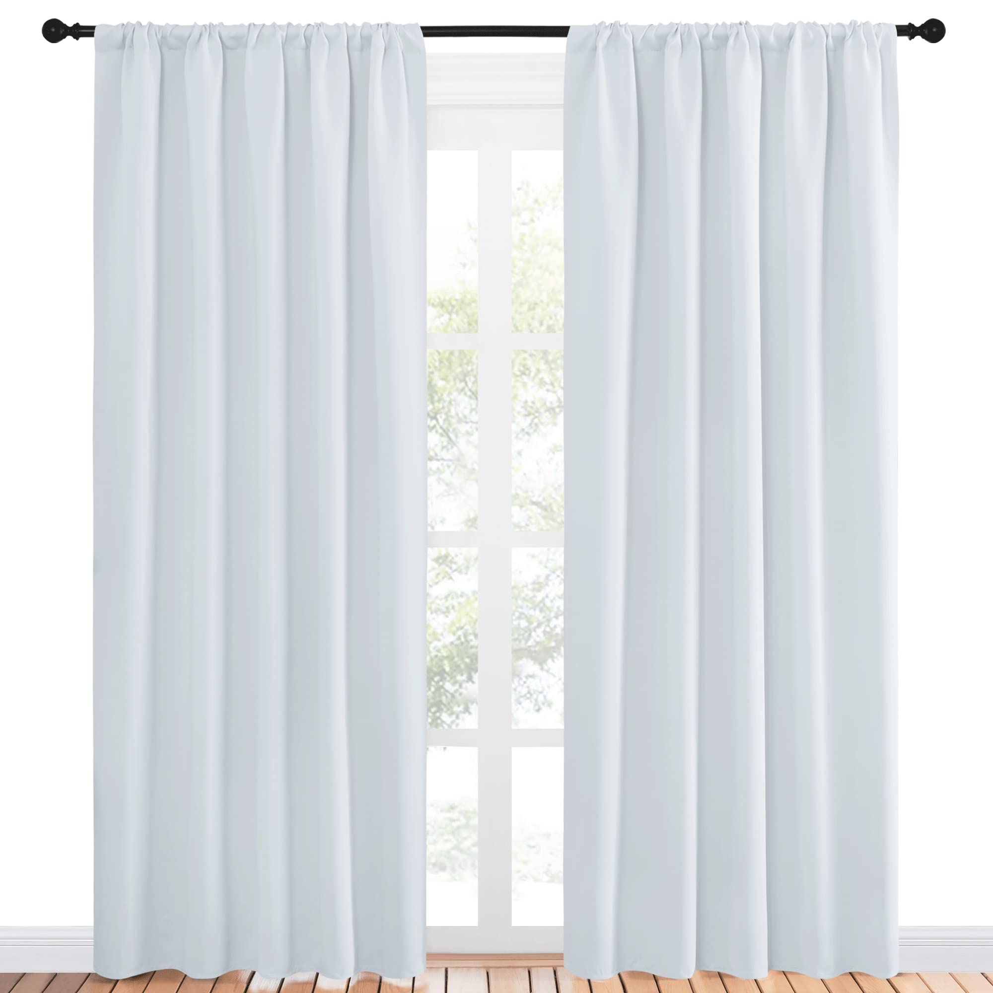 NICETOWN Greyish White Bedroom Curtain Panels - Multi-Function Noise Reducing Performance Window Treatment Thermal Insulated Rod Pocket Room Darkening Drapes for Nursery (2 Panels, 52 by 84)