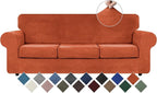 WEERRW 4 Pieces Velvet High Stretch Couch Covers for 3 Cushion Couch Sofa Slipcovers, Washable Furniture Protector with Non Slip Elastic Bottom, Feature Soft and Thick Plush Fabric, Pumpkin, Large