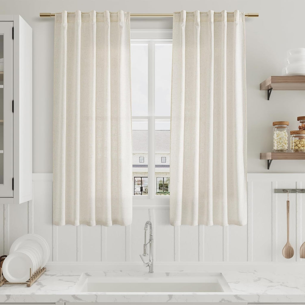 Nanspring 60 Inch Length Linen Curtains Cream Semi Sheer Light Filtering Back Tab and Rod Pocket Neutral Curtains for Bedroom Living Room 34 x 60 Inch,2 Panels
