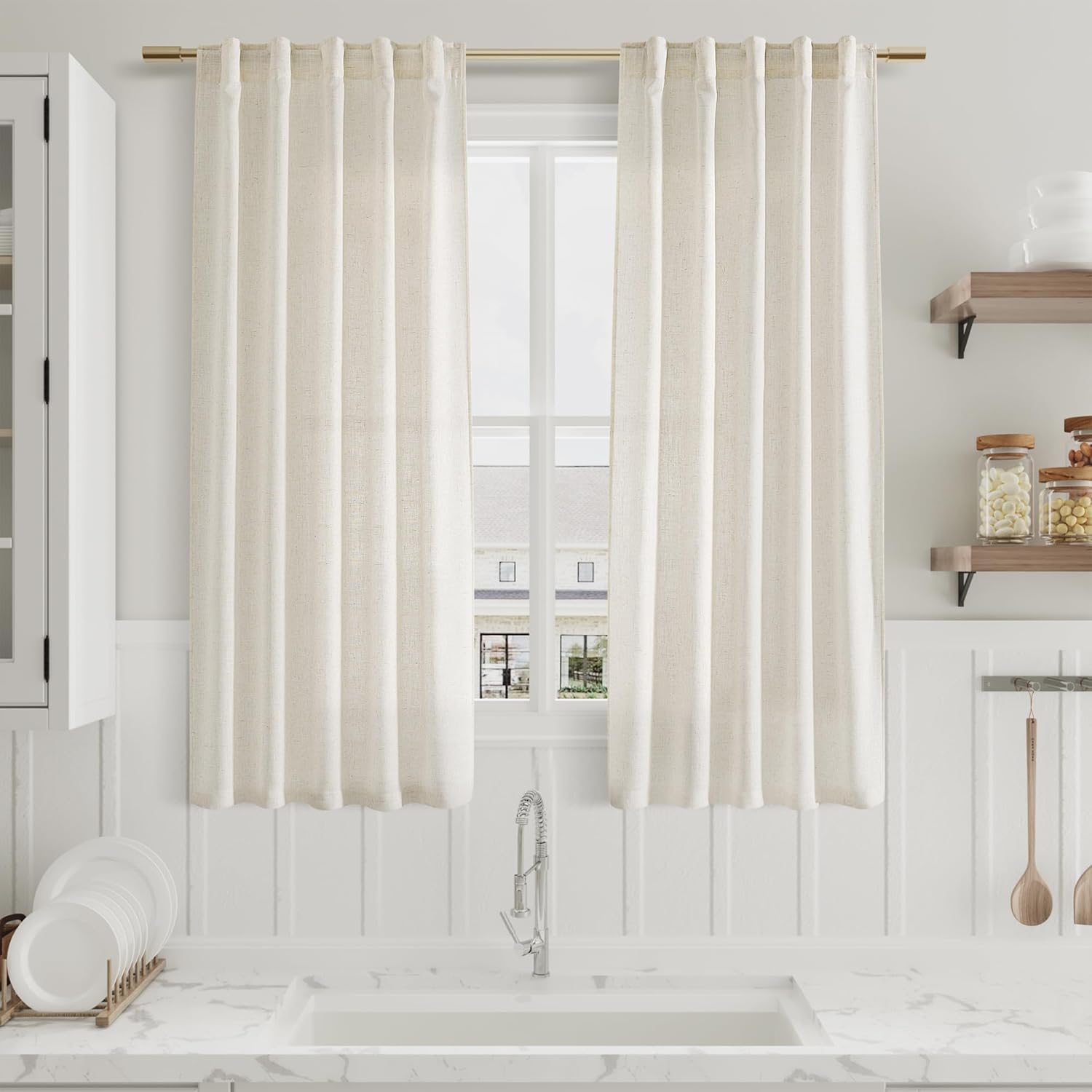 Nanspring 60 Inch Length Linen Curtains Cream Semi Sheer Light Filtering Back Tab and Rod Pocket Neutral Curtains for Bedroom Living Room 34 x 60 Inch,2 Panels