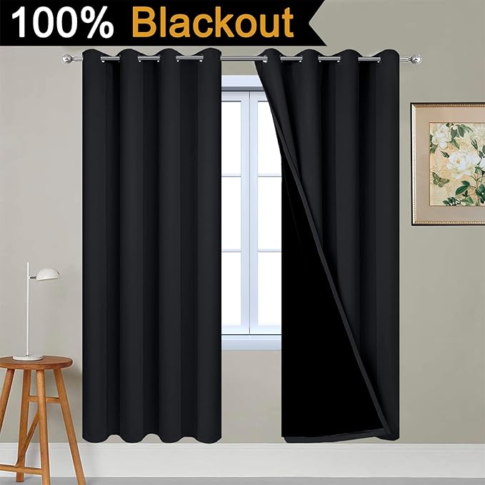 Yakamok Black 100% Blackout Curtains 72 Inches Long for Bedroom 52" Wide