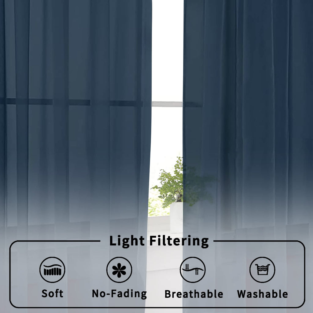 Aiyufneg Small Sheer Tier Curtains Half Kitchen Curtain Sheers, Light Filtering Farmhouse 24 Inch Window Panels Rod Pocket Navy Blue Voile Short Curtain for Bathroom, 40W x 24L, Set of 2 Panels