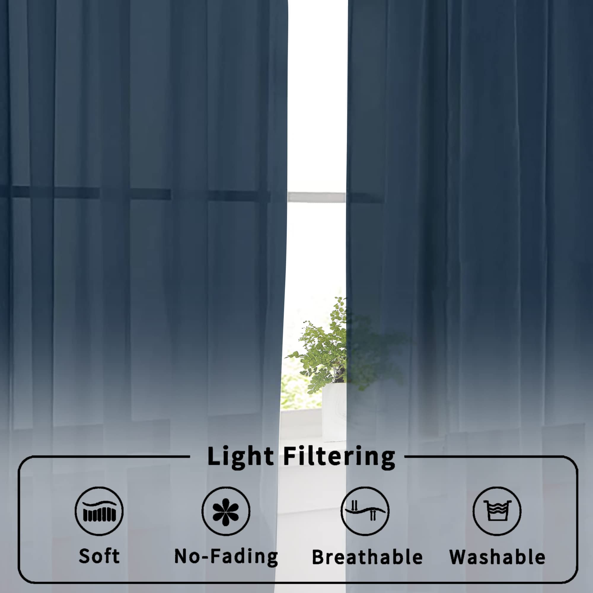 Aiyufneg Small Sheer Tier Curtains Half Kitchen Curtain Sheers, Light Filtering Farmhouse 24 Inch Window Panels Rod Pocket Navy Blue Voile Short Curtain for Bathroom, 40W x 24L, Set of 2 Panels