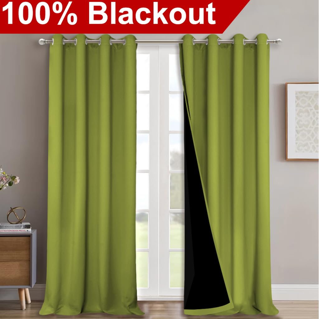 NICETOWN 100% Blackout Curtains for Windows, Pack of 2, 52" W x 108" L, Fresh Green, Super Heavy-Duty Black Lined Total Darkness Drapes for Bedroom, Privacy Assured Window Treatment for Patio
