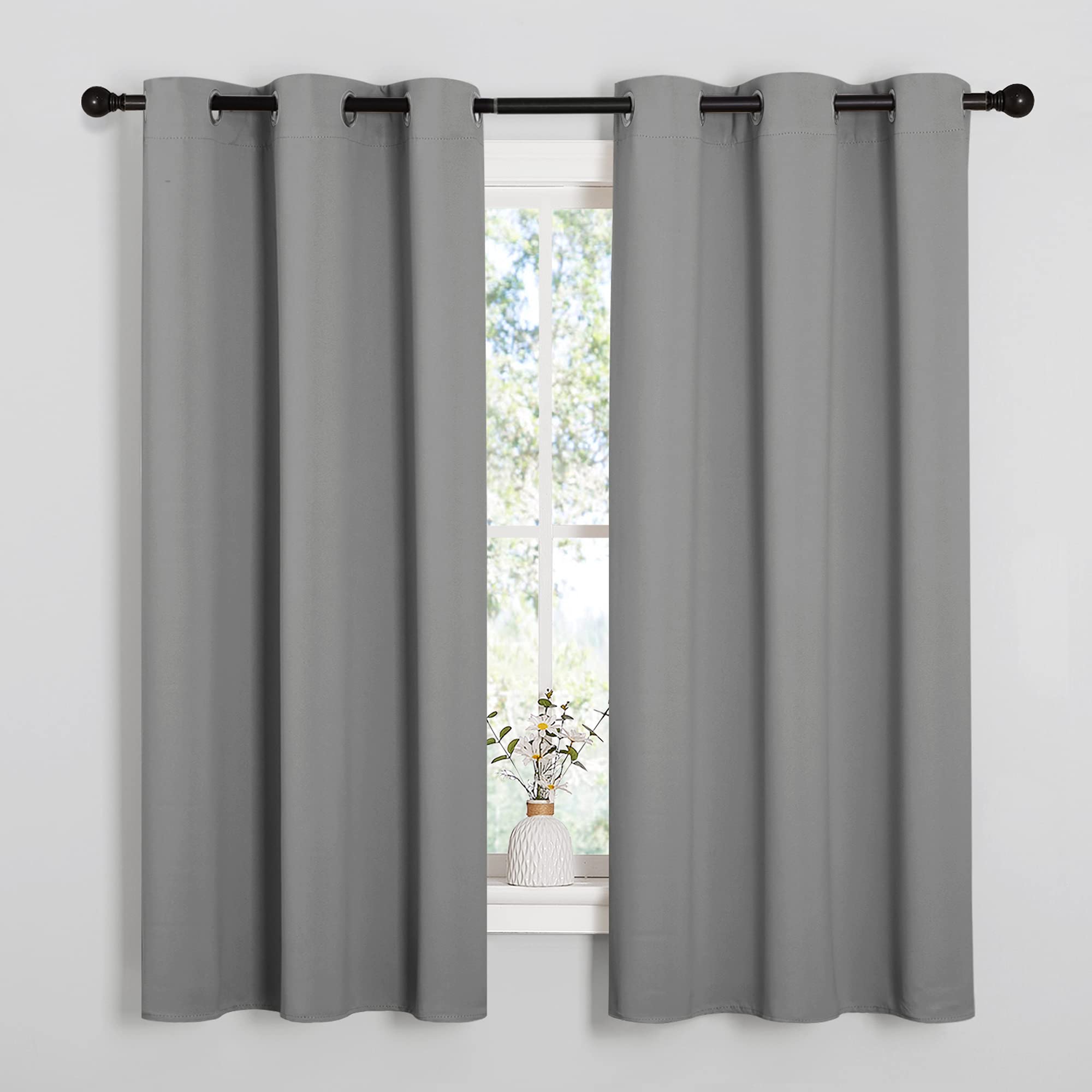 NICETOWN Silver Grey Thermal Insulated Grommet Blackout Curtains, Kids Window Drape Panel for Nursery, Privacy Short Curtains (2 Panels, W42 x L48 -Inch)