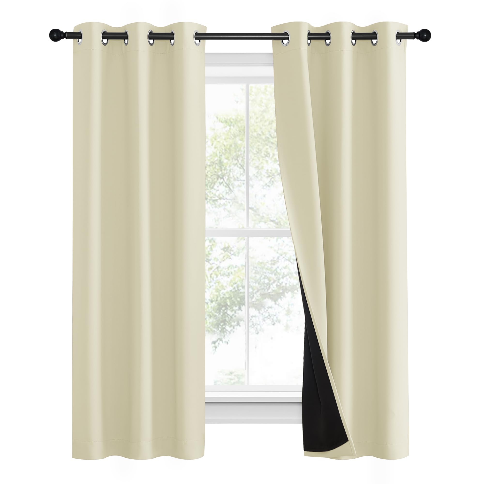 NICETOWN Living Room Completely Shaded Draperies, Privacy Protection & Noise Reducing Ring Top Drapes, Black Lined Insulated Window Treatment Curtain Panels (Beige, 2 Pieces, W37 x L60)