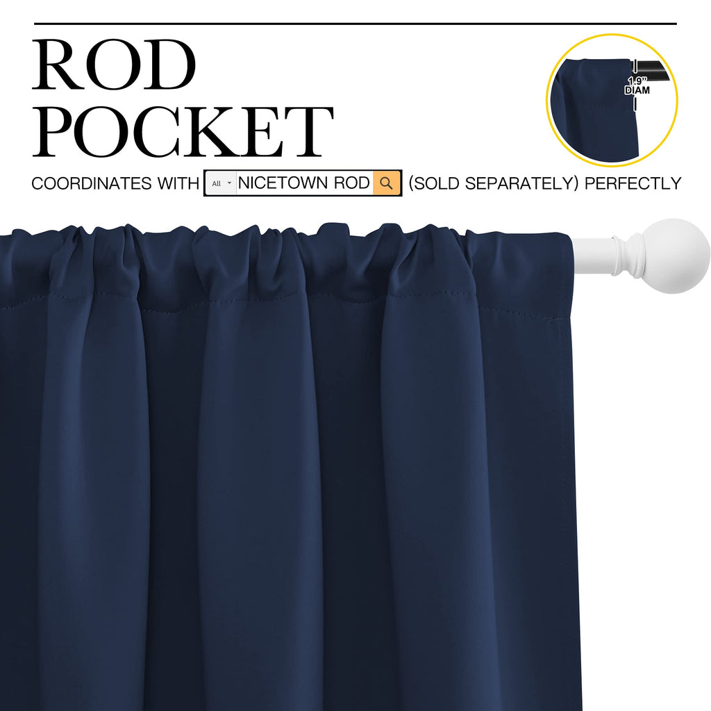 NICETOWN Blackout Curtains for Bedroom, Blackout Draperies, Home Decorations Thermal Insulated Solid Rod Pocket Blackout Drapes for Cafe (Navy, One Pair, 70 x 63-inch)