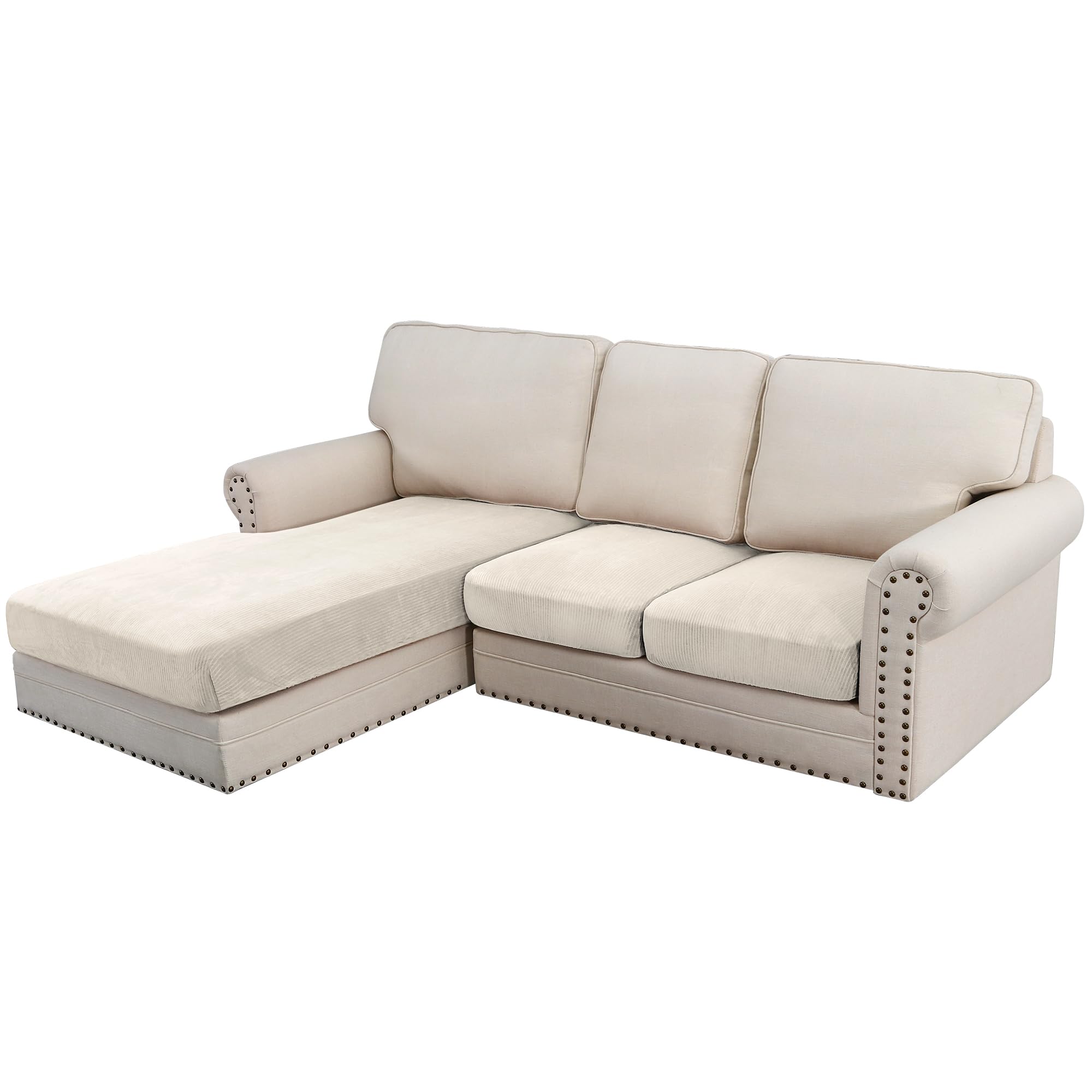 H.VERSAILTEX Velvet Stretch Sectional Couch Covers 3 Pieces, L Shape, Ivory Striped (Large Sofa 2 Seater + 1 Chaise)