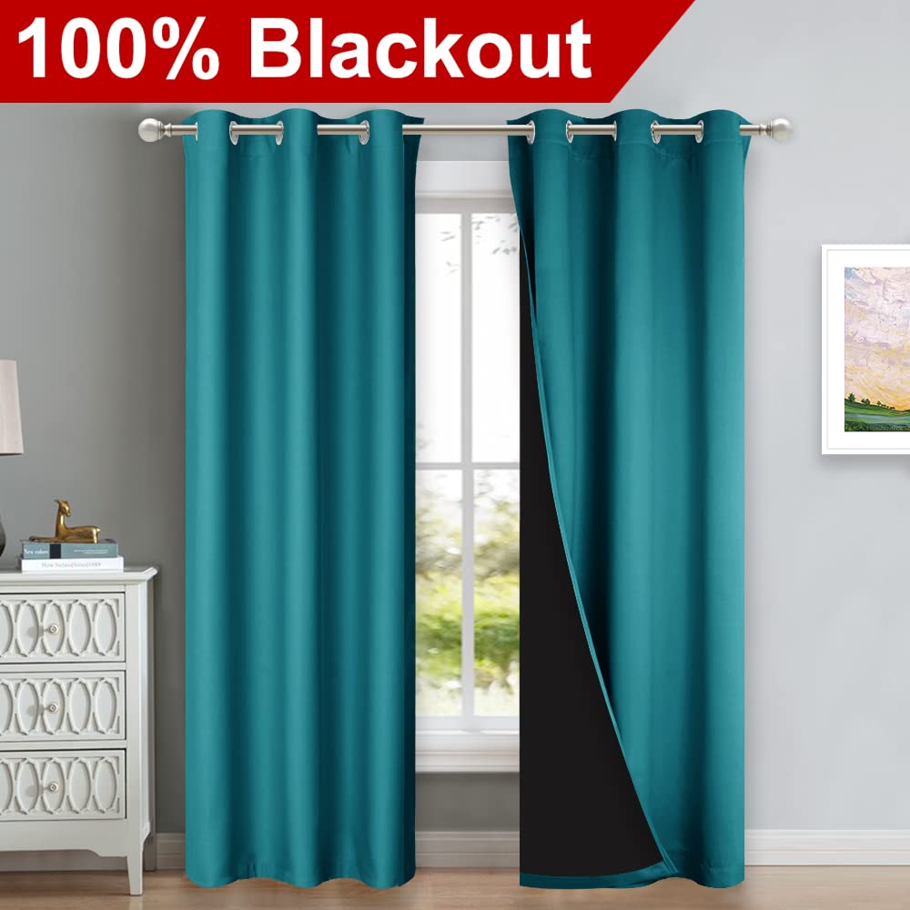 NICETOWN Peacock Teal Blackout Curtains 84 inches Long, Full Light Blocking Drapes with Black Liner for Nursery, Thermal Insulated Draperies for Hall, Villa (2 Pieces, 42" Wide Each Panel)