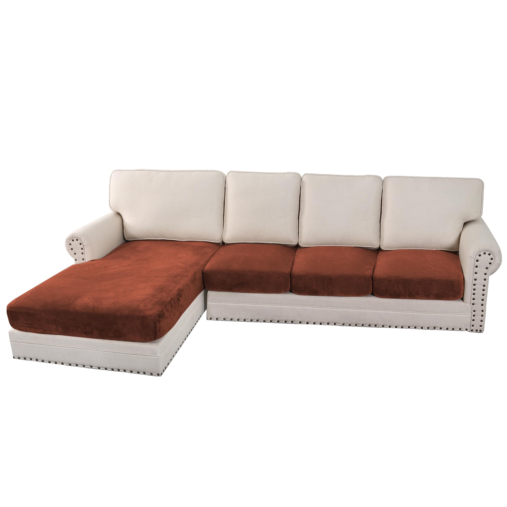 H.VERSAILTEX Velvet Stretch Sectional Couch Covers 4 Pieces Sofa Seat Cushion Covers L Shape Separate Cushion Couch Cover for Both Left/Right Sectional Couch (Large Sofa 3 Seater + 1 Chaise, Rust)